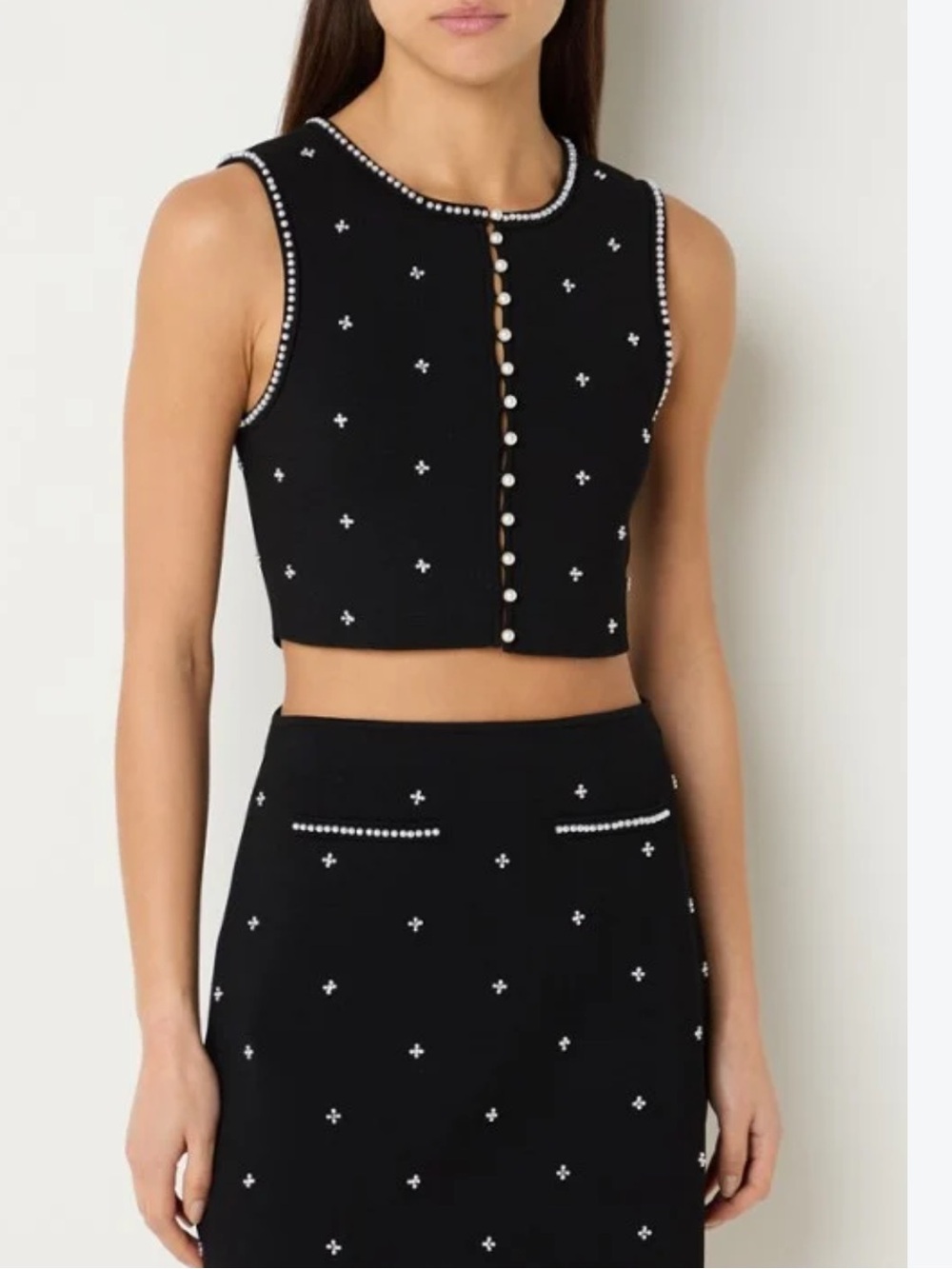 Sandro JEWELLED EMBROIDERED KNIT CROP TOP snd skirt sz M